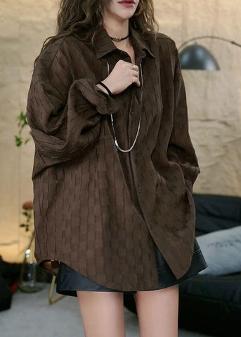 Blusas de algodón con botones y cuello Peter Pan de color café francés, manga larga 