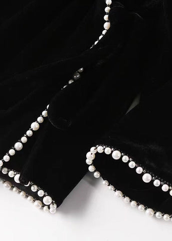 Tops holgados de terciopelo de seda con patchwork de perlas y cuello redondo en negro para otoño 