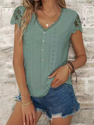 Buttoned Hollow Mesh Split-Joint Loose Short Sleeves V-Neck T-Shirts Tops