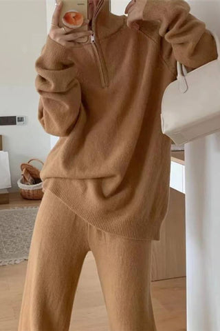 Casual Lapel Sweater and Wide-leg Pants Two-piece Suit