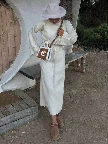 Tossy Knitwear Lace-Up Casual Dress Sweater For Women Ribbed Fashion Bandage Elegant Knit Autumn Dress Ladies Bandage Dress New
