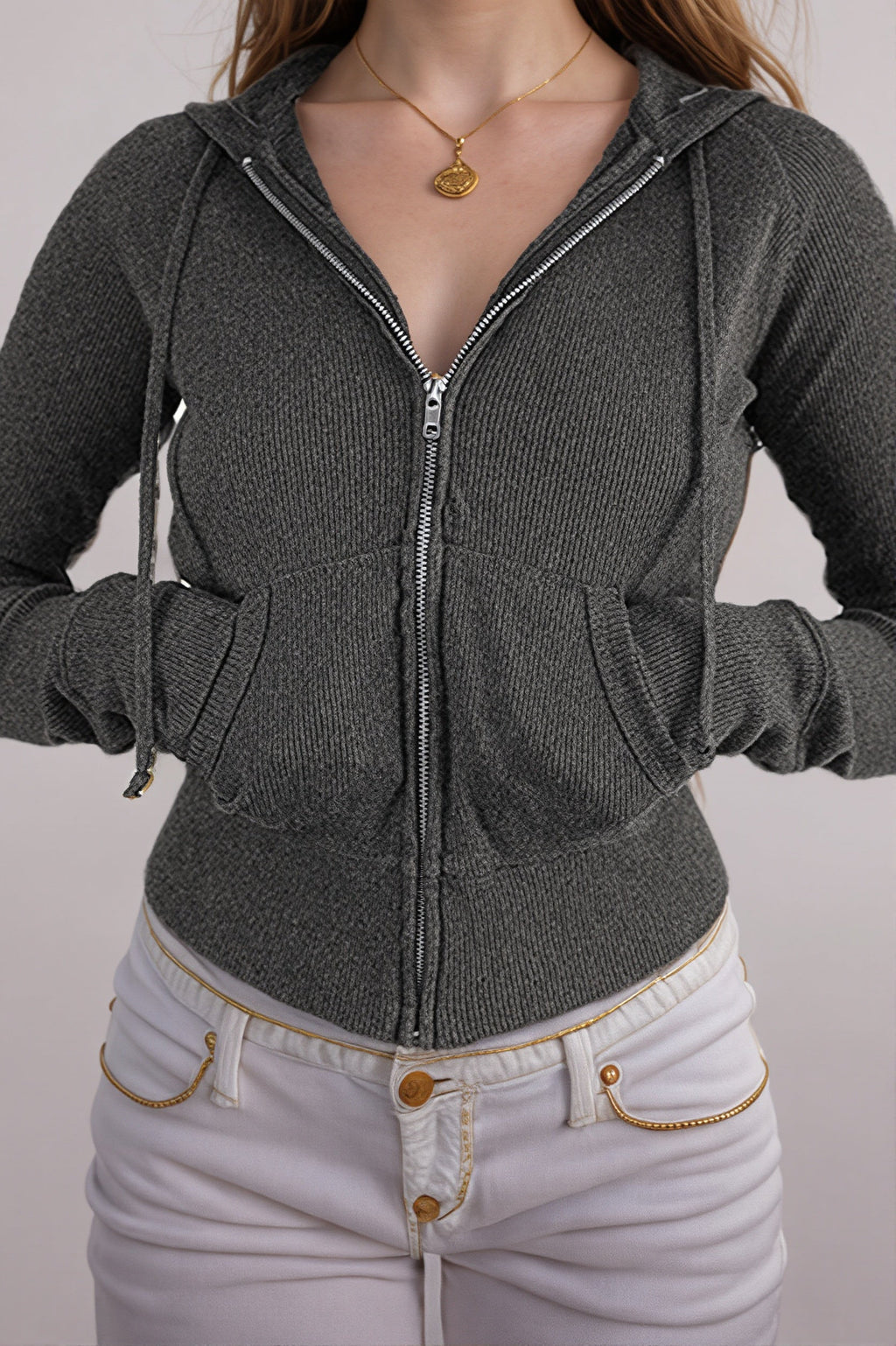 Ribbed Zip Hooded Slim Crop Top