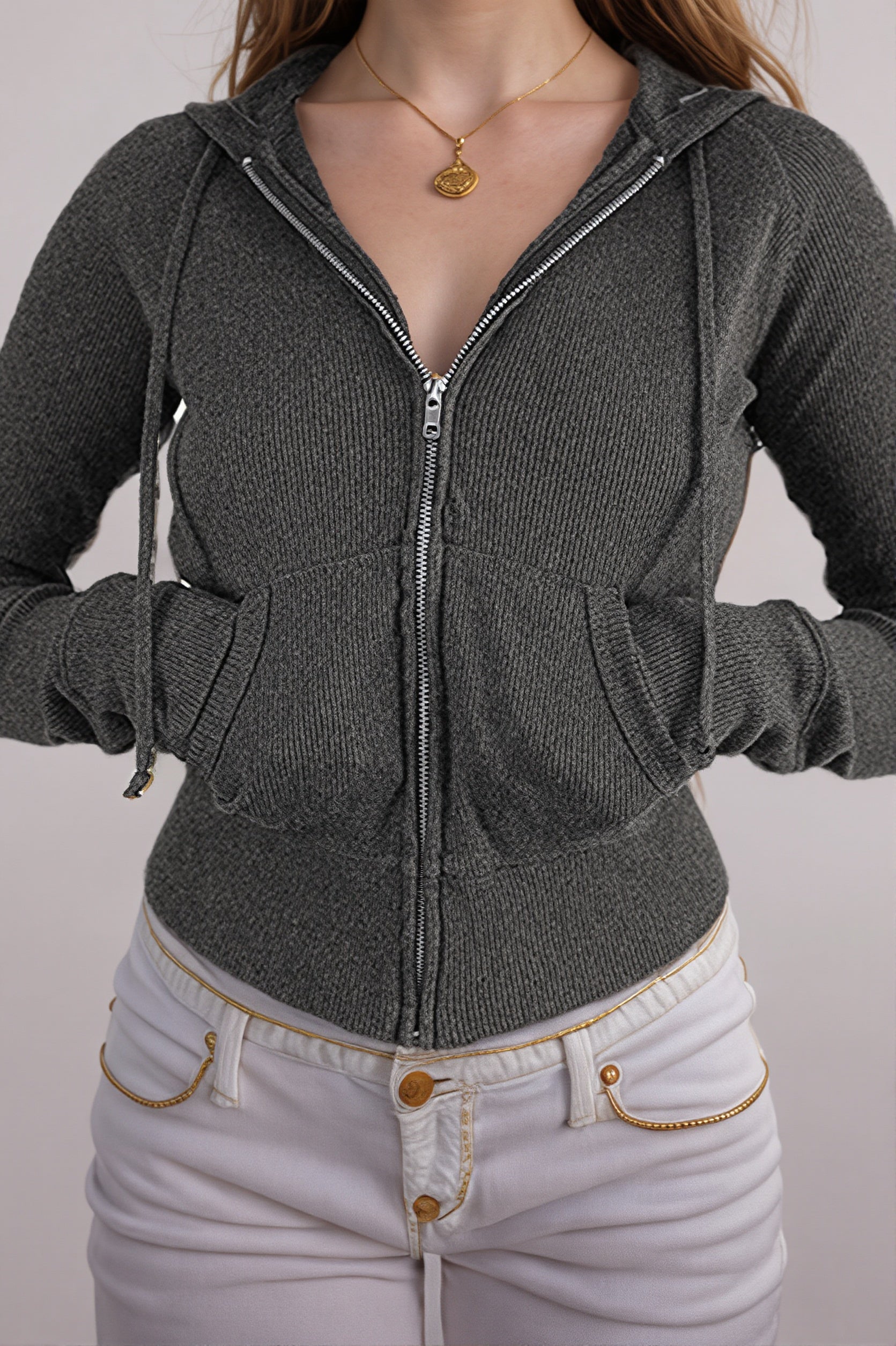 Ribbed Zip Hooded Slim Crop Top