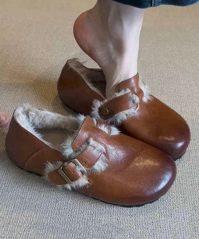 Zapatos planos retro de piel de oveja color caramelo con forro de lana afelpada 