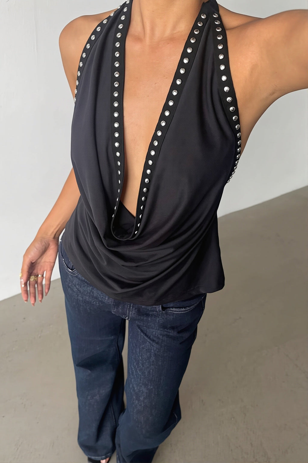 Halter Deep V Backless Rivet Fitted Tank Top