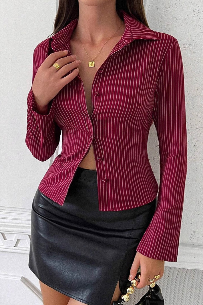 Lapel Buckle Flare Sleeve Long Sleeve Blouse