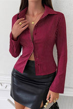 Lapel Buckle Flare Sleeve Long Sleeve Blouse