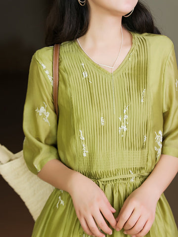 Women Summer Artsy Floral Embroidery Draped Drawstring Dress