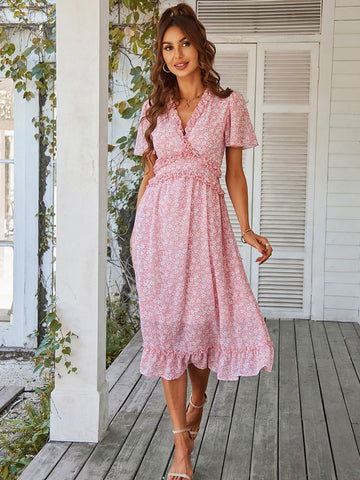 Printed V-Neck Short Sleeves Midi Dress