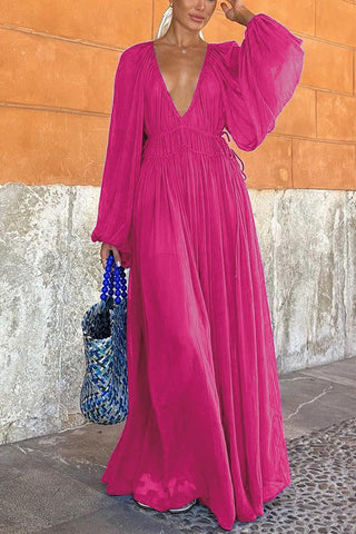 Vestido largo de gasa con cintura fruncida y fruncido 