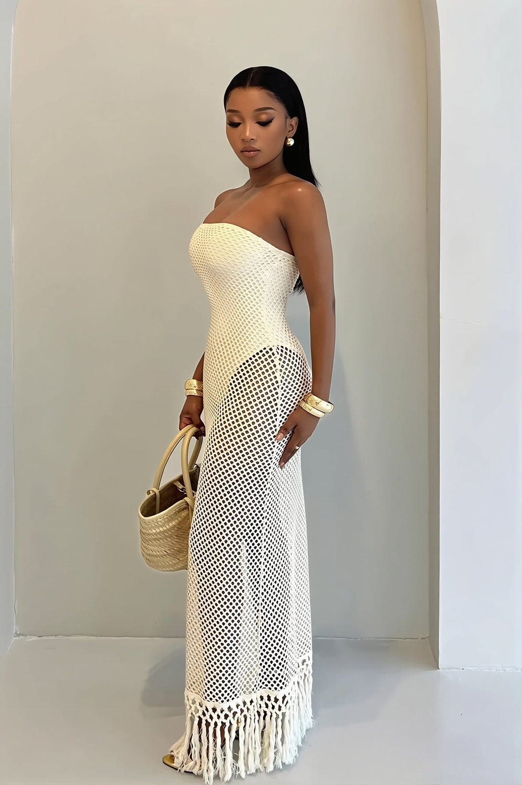 Solid Hollow Out Knitted Slim Vacation Maxi Dress