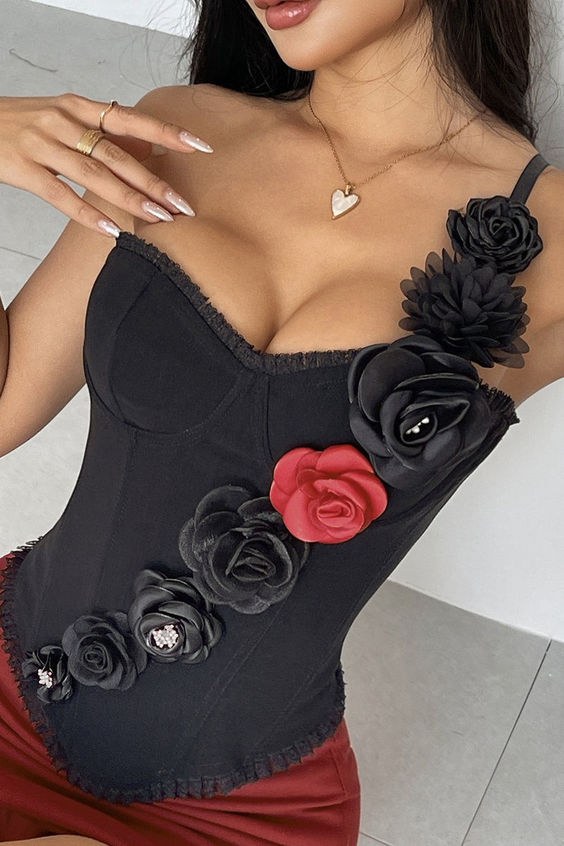 Strapless Red Lace Floral Boned Cami Top