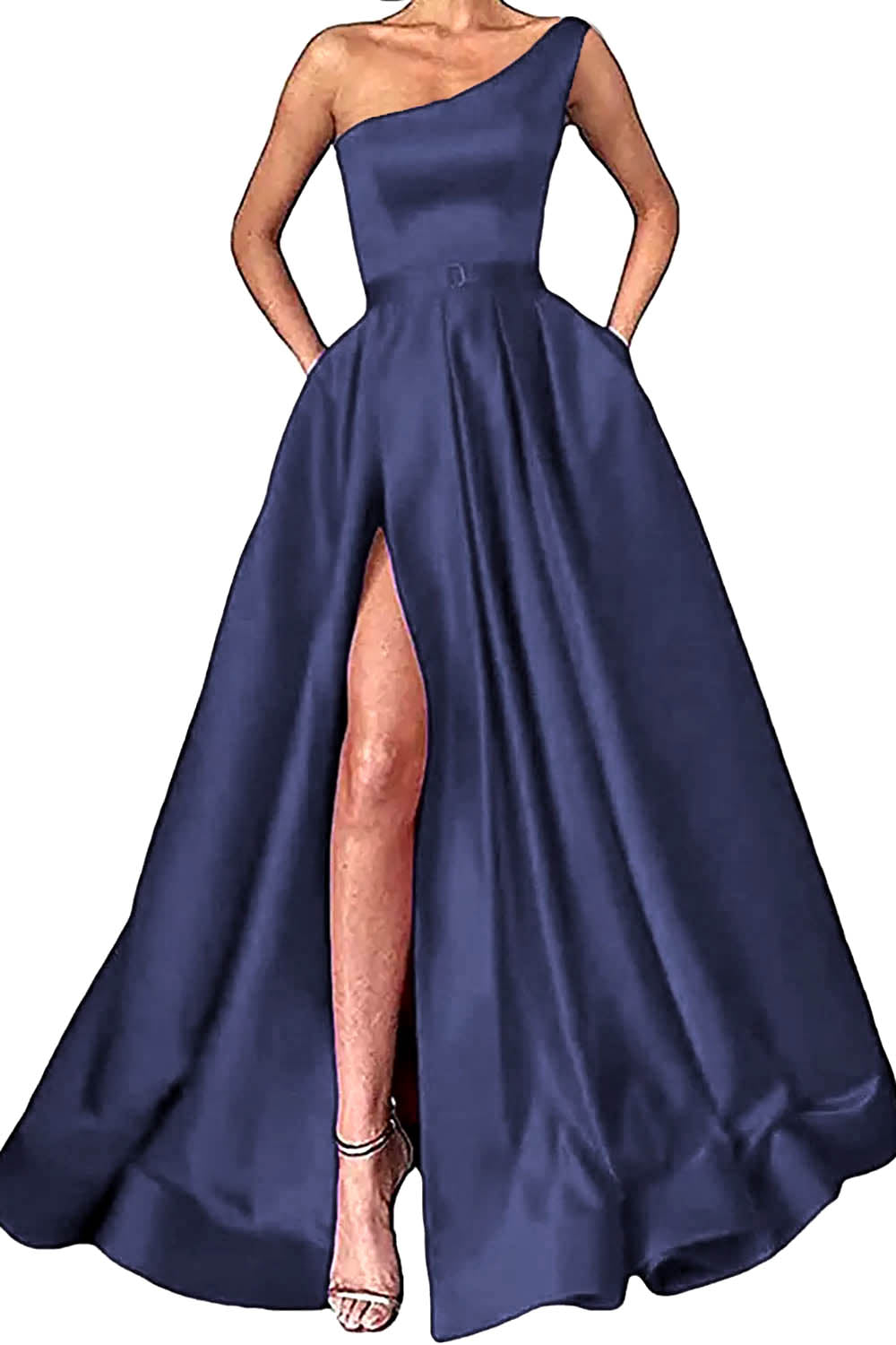 Vestido de fiesta largo color champán con corte A y un hombro al descubierto