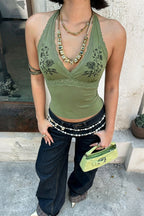 Vintage Floral Print Lace Halter Top