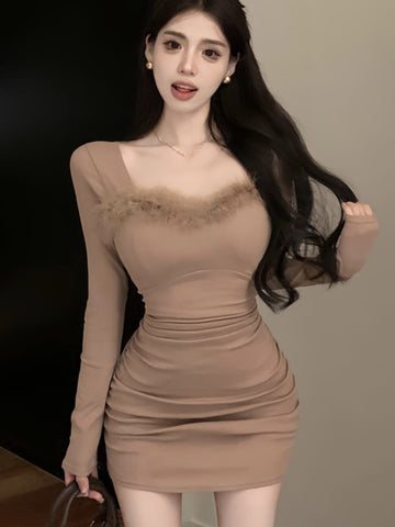 Sexy Minikleid Frauen Langarm Faur Pelz Patchwork Quadrat Kragen Wrap Hüfte Herbst Frühling Koreanischen Stil Y2K Schlank Solide Vestisos 