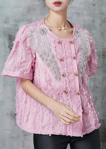 DIY Rosa Chiffon-Hemd mit Quasten und zweireihigem Saum, Sommer 