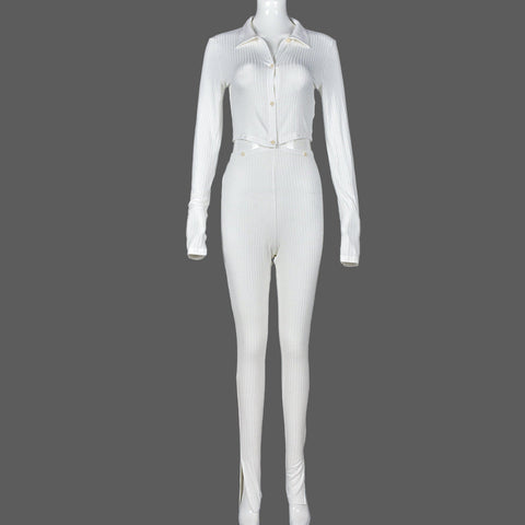 Autumn Winter Sexy Cardigan Long Sleeve Button Stitching Hollow Out Cutout Jumpsuit for Women