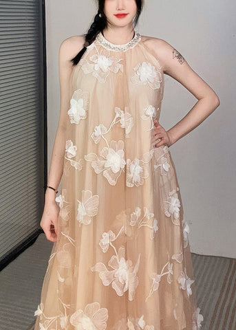 Ärmelloses Tüllkleid mit Blumenmuster und Rundhalsausschnitt und kalter Schulter 