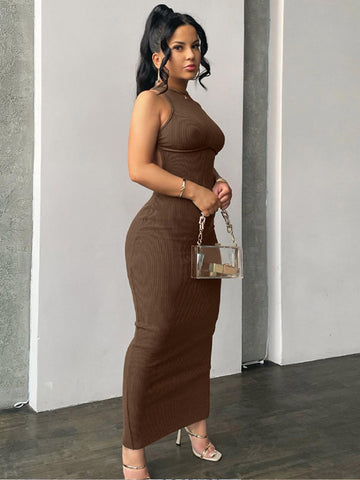 Ribbed Solid Hollow Out Backless Sleeveless Sexy Slit Mini Dress Bodycon 2024 Summer Women Outfits Elegant Party Y2K
