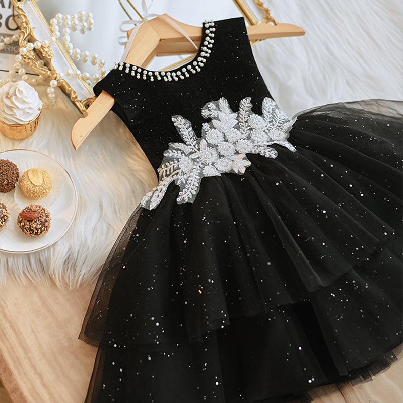 Babykleid für Mädchen, Kleinkindkleid für Kommunion, Partykleid, besticktes Geburtstagskleid, schwarzes Prinzessinnenkleid 