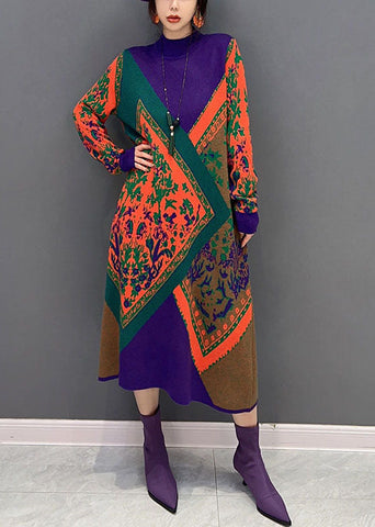 Vestido de invierno de punto con cuello alto y estampado oversize para mujer 