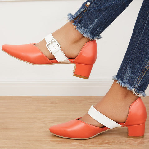 Block Low Heel Mary Jane Pumps Pointed Toe Buckle Dress Shoes