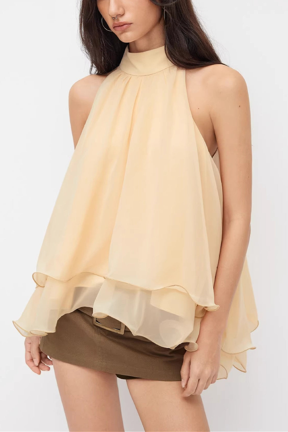Loose Chiffon Ruffle Flowy Halter Top