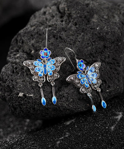 Vintage Boutique Blue Sterling Silver Butterfly Plum Blossom Tassel Drop Earrings