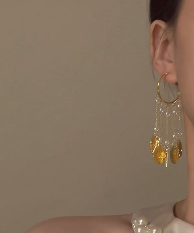Stylish Gold Copper Alloy Pearl Circle Tassel Hoop Earrings