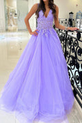 Gorgeous A Line V Neck Purple Long Prom Dress with Appliques