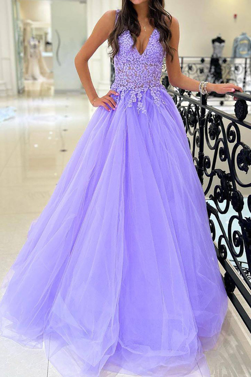 Gorgeous A Line V Neck Purple Long Prom Dress with Appliques
