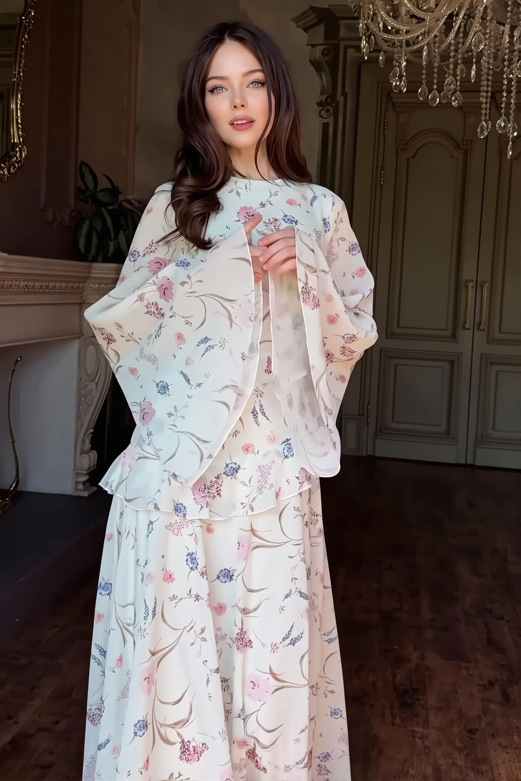Floral Round Neck Long Sleeve Tie Maxi Dress