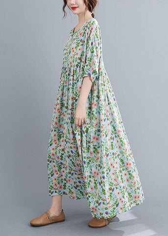 Vestido de verano bohemio verde claro con cuello redondo y estampado de patchwork, media manga 