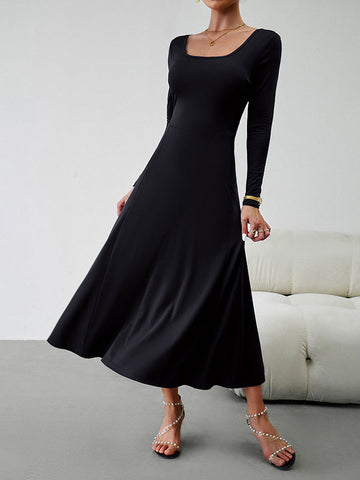 Vestidos midi de corte A, cintura alta, color liso, cintura anudada y cuello en U 