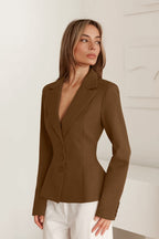 Fitted Waist V-Neck Padded Shoulder Long Sleeve Blazer