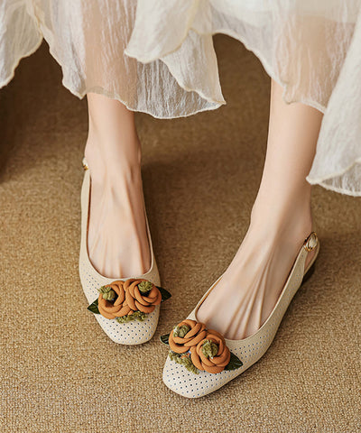 Beige Blumenmuster Chunky Schaffell Edle Splicing Sandalen Hollow Out 