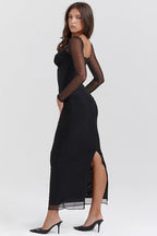 Mesh Lace Patchwork Boned Fitted High Slit Elegant Maxi Dress