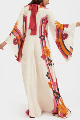 Shine The Light Unique Printed High Neck Bell Sleeve Loose Maxi Dress