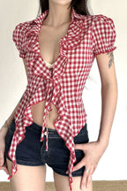 Plaid Ruffle Waist Puff Sleeve Blouse