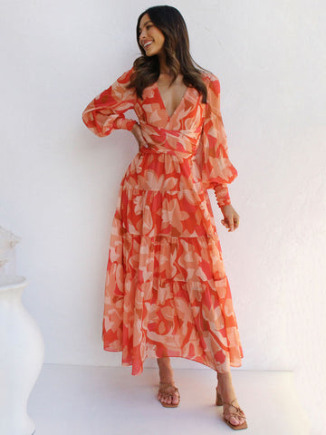 Maxi Dress V-Neck Long Sleeves Bohemian Floral Print Layered Pleated Long Dress