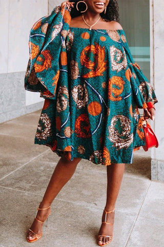 Off Shoulder Floral Bell Sleeve Ruffle Plus Size Midi Dress