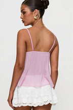 Ruched Sheer Lace Open Back Fitted Cami