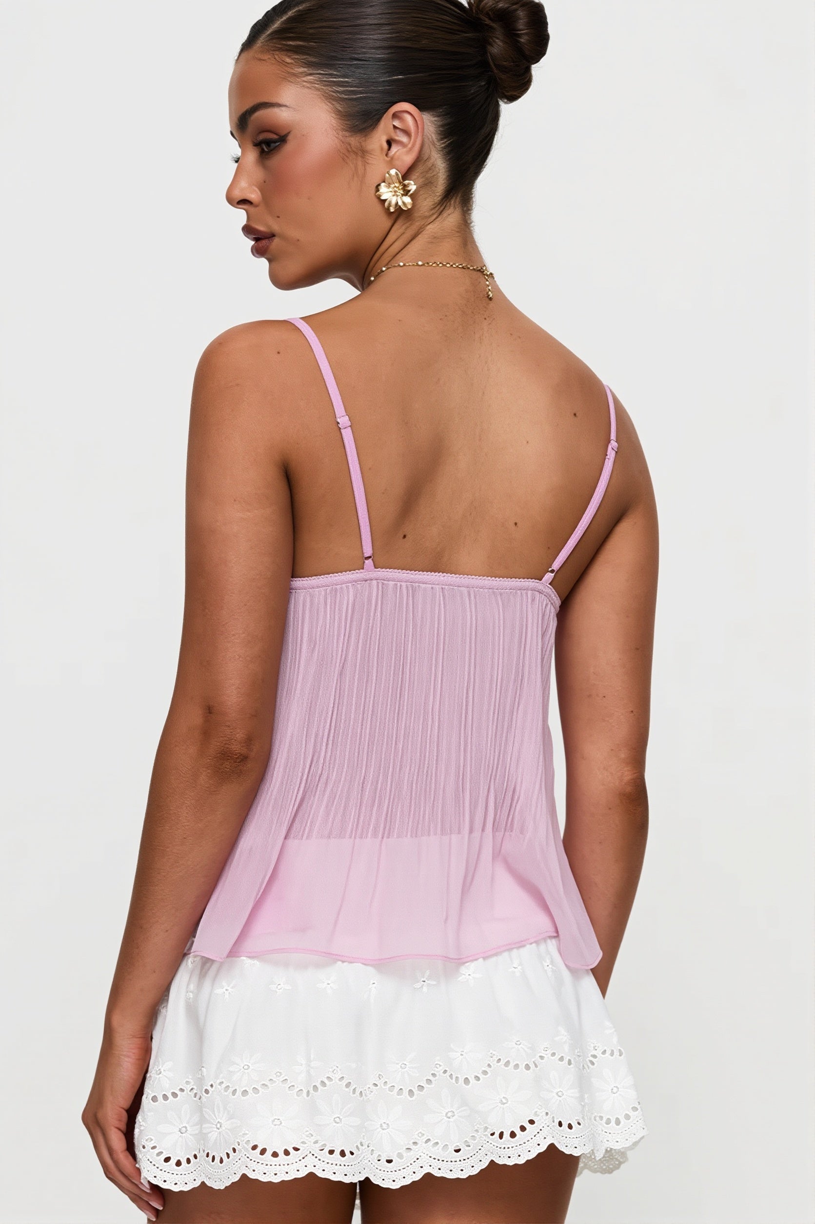 Ruched Sheer Lace Open Back Fitted Cami