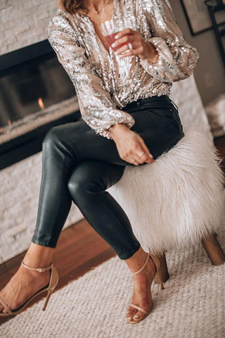 Elegante Blusen mit Patchwork-Faltenpailletten und V-Ausschnitt 