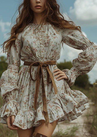 Frauen Floral Pastoral Stil Rüschen Mini Kleider Langarm 