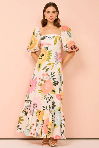 Vestido midi floral con cuello cuadrado y mangas abullonadas 