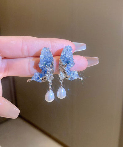Pendientes de plata de ley azul con circonitas, perlas y cristales, con forma de mariposa y gotas de agua. 