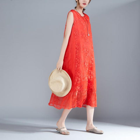 Women Embroidered Pullovers Sleeveless Red Dress