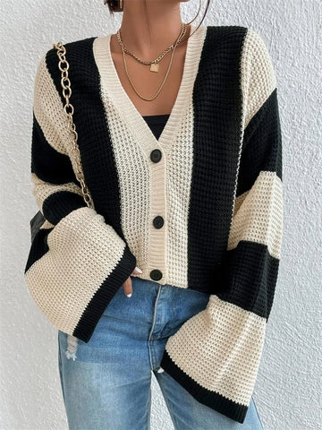 Suéter cárdigan de moda con contraste y agujeros de Tossy, prenda de punto para mujer, suelto, de manga larga, ropa de calle, abrigo de retazos para mujer 