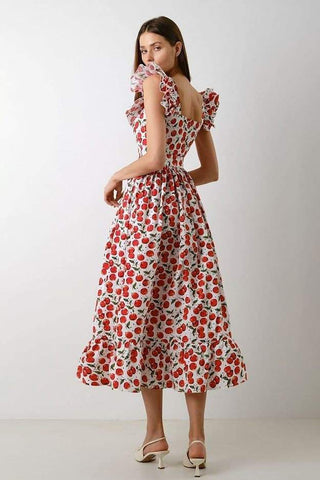 Vestido midi con volantes y estampado de cerezas de Griselda 